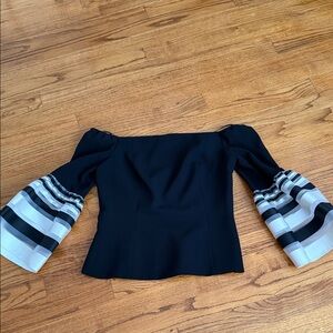 INTERMIX Black Top with Striped Organza Sleeves